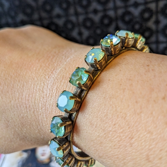 Swarovski Elements Mint Opal & Sage Green Crystals on Cuff Brass Bracelet - Picture 6 of 6